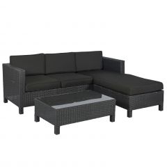 Set lounge con divano ad angolo "Lima" nero in vimini - Pure Garden & Living
