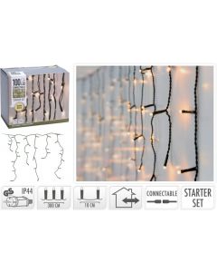 Illuminazione natalizia a LED a forma di ghiacciolo- 100 LED - Bianco caldo- Accoppiabile - Cavo nero- Interno/esterno (IP44)